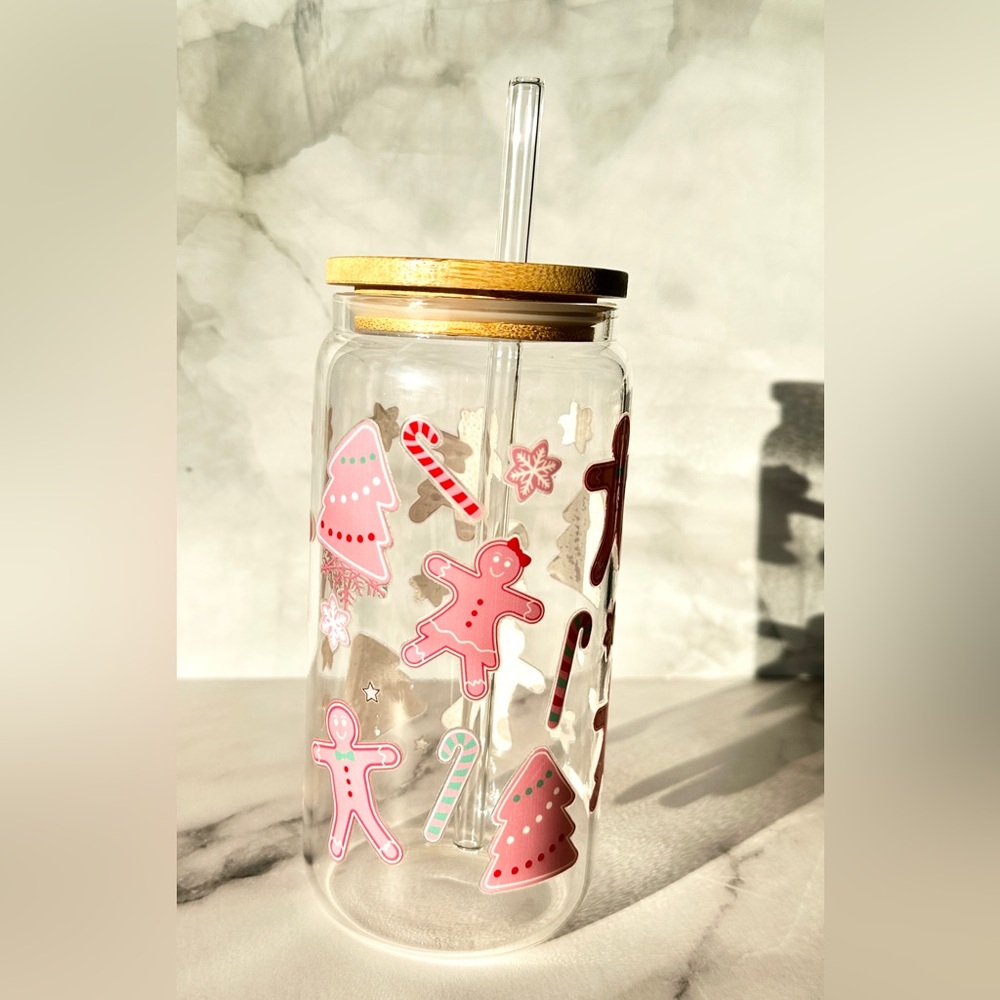 Festive Glass Tumbler with Straw